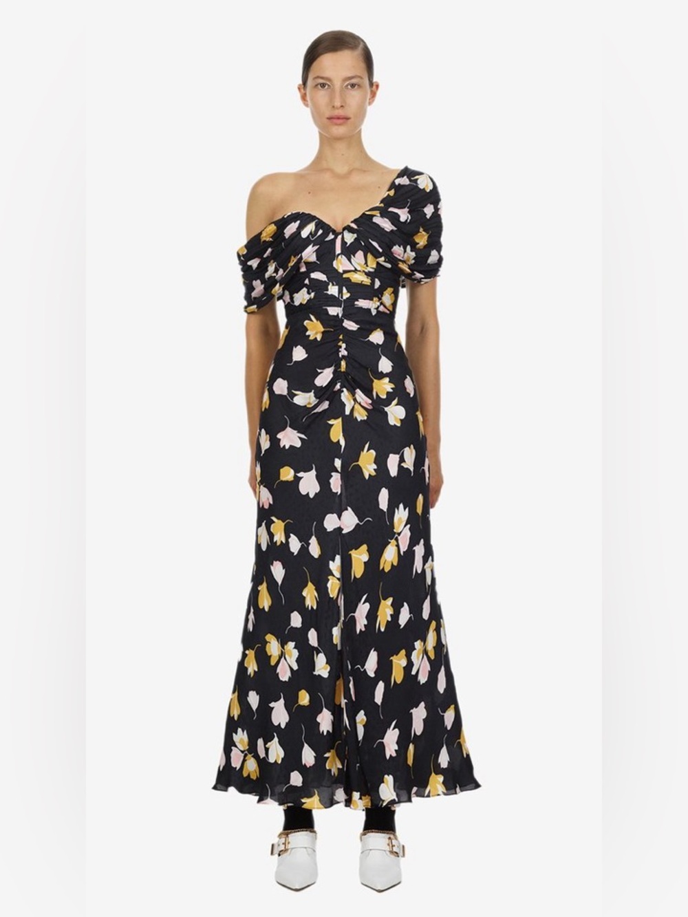 NWT Self-Portrait Floral Ruched Off Shoulder Midi Dress Black Pink US 2